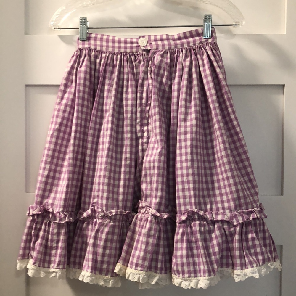 Handmade Gingham square dance Skirt Women's XS Vintage Lace Trim purple twirling - Picture 5 of 9